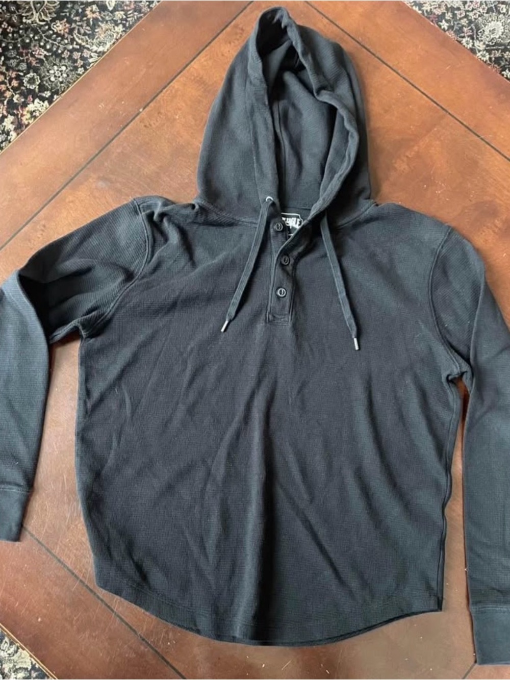 AE American Eagle Men's Black Hooded Crewneck Henley Sweater